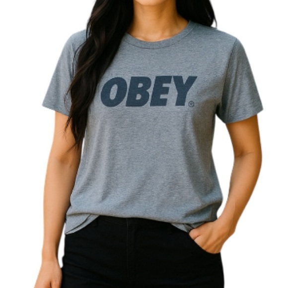 OBEY Graphic Logo Crewneck T-Shirt Heather Blue Short Sleeve USA Baddie Size M - Picture 1 of 10